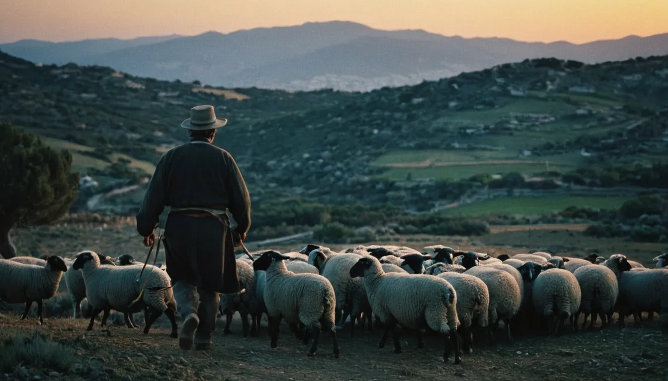 Sardinian  sheep herder herding sheep in the evening